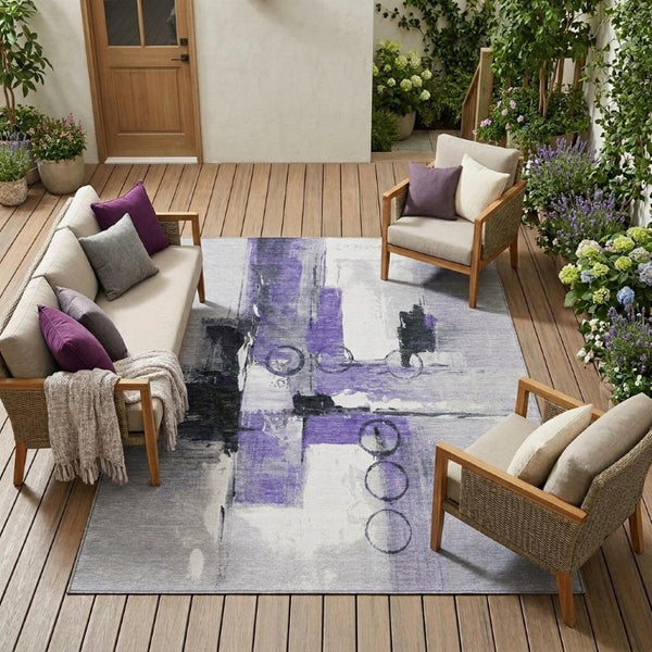 10 X 14 Abstract Purple Silver Washable Polyester Rug for Indoor Outdoor Living