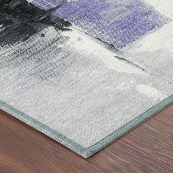 10 X 14 Abstract Purple Silver Washable Polyester Rug for Indoor Outdoor Living