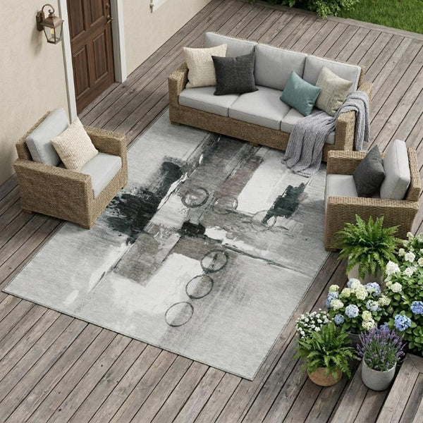 8 X 10 Pewter Gray Abstract Polyester Area Rug Washable for Patio or Living Room