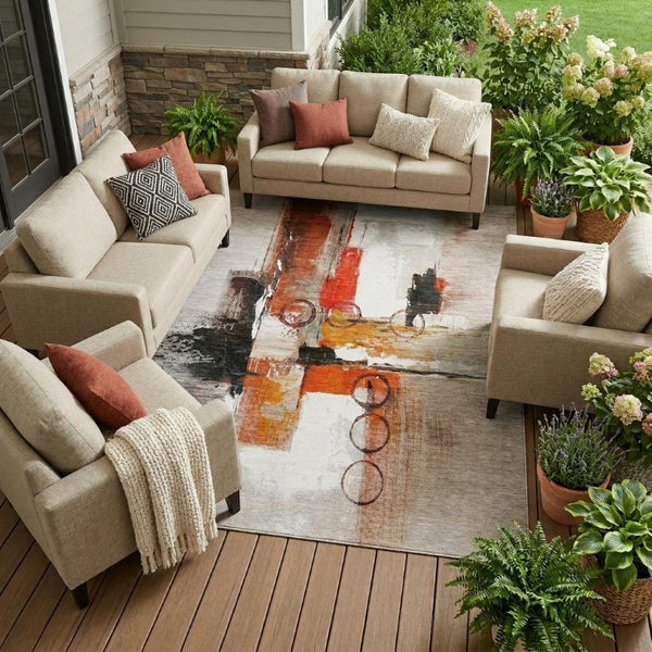 8x10 Abstract Polyester Area Rug Stain Resistant for Patio Porch or Living Room