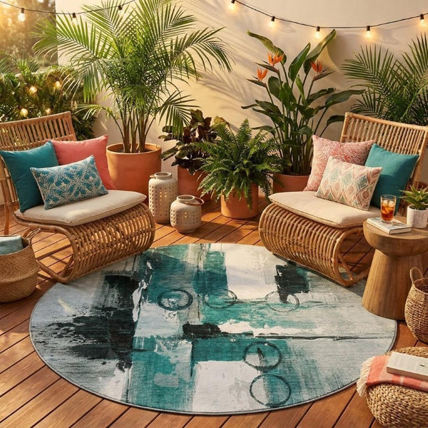 8 Foot Round Abstract Polyester Area Rug Washable Teal Silver Indoor Outdoor