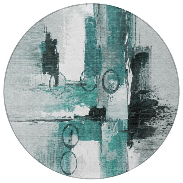 8 Foot Round Abstract Polyester Area Rug Washable Teal Silver Indoor Outdoor