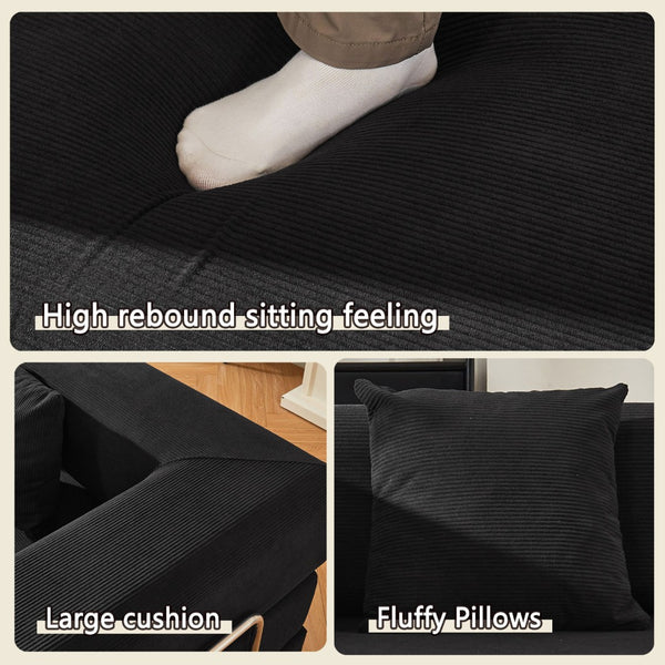 English Elm Convertible Corduroy Floor Sofa with Folding Sleeper and Bolster Pillow for Apartments Black W5638P460678
