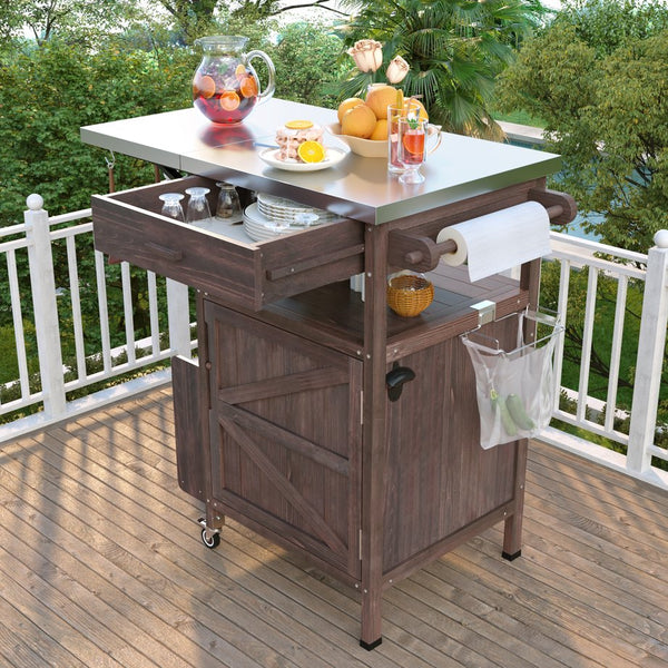 English Elm K&K 40.5" Outdoor Grill Cart with 201 Stainless Top, Solid Fir Storage, Drop Leaf & Lockable Wheels Brown N707P228272Z