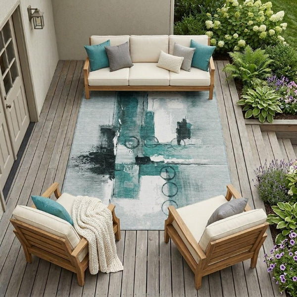 9 X 12 Teal Silver Abstract Polyester Area Rug Stain Resistant Indoor Outdoor