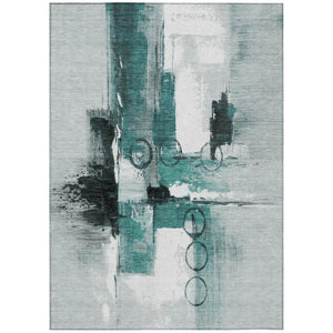 HomeRoots 9 X 12 Teal Silver Abstract Polyester Area Rug Stain Resistant Indoor Outdoor 740201