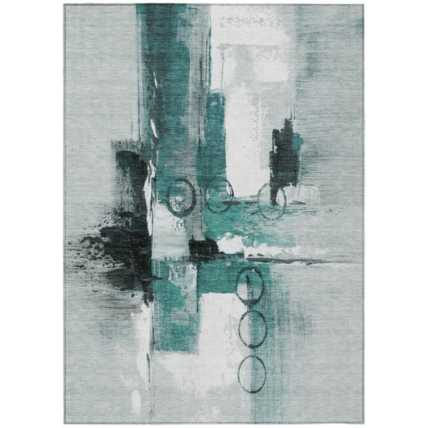 HomeRoots 9 X 12 Teal Silver Abstract Polyester Area Rug Stain Resistant Indoor Outdoor 740201