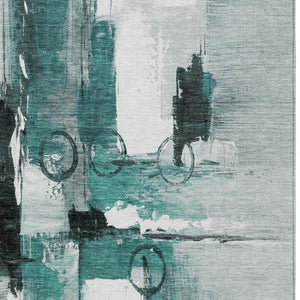 9 X 12 Teal Silver Abstract Polyester Area Rug Stain Resistant Indoor Outdoor