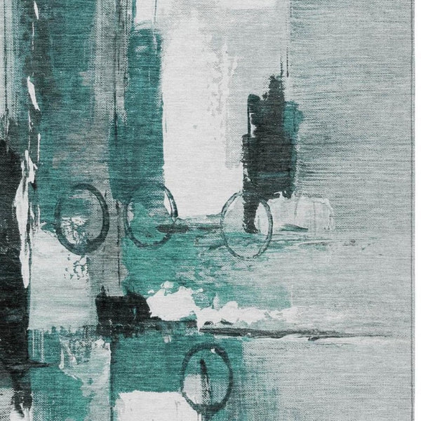 9 X 12 Teal Silver Abstract Polyester Area Rug Stain Resistant Indoor Outdoor