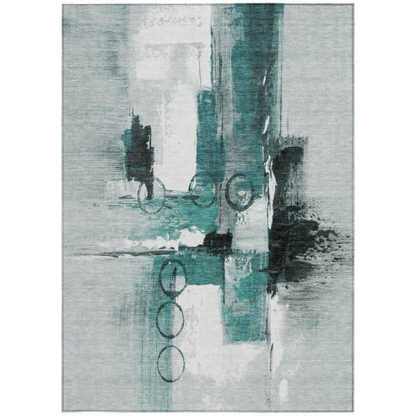 9 X 12 Teal Silver Abstract Polyester Area Rug Stain Resistant Indoor Outdoor