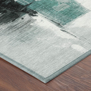 9 X 12 Teal Silver Abstract Polyester Area Rug Stain Resistant Indoor Outdoor