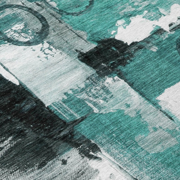 9 X 12 Teal Silver Abstract Polyester Area Rug Stain Resistant Indoor Outdoor