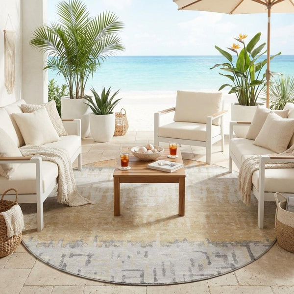 8 Foot Round Striped Polyester Area Rug Washable for Patio Kitchen or Family Room