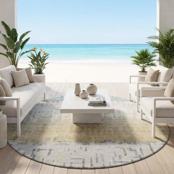 8 Ft Round Striped Polyester Area Rug in Teal and Pewter for Indoor Outdoor Use