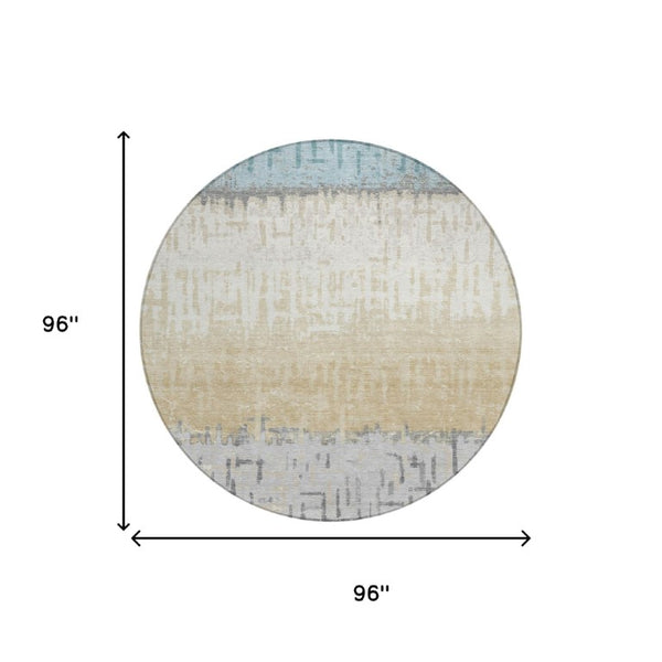 8 Ft Round Striped Polyester Area Rug in Teal and Pewter for Indoor Outdoor Use