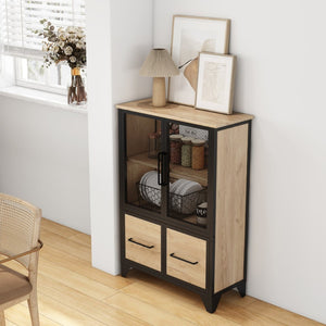 English Elm Storage Cabinet Matte Iron Four Door Sideboard with Adjustable Shelf for Modern Interiors Black+Natural W3151P407883