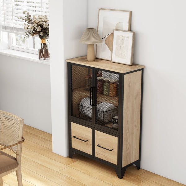 English Elm Storage Cabinet Matte Iron Four Door Sideboard with Adjustable Shelf for Modern Interiors Black+Natural W3151P407883