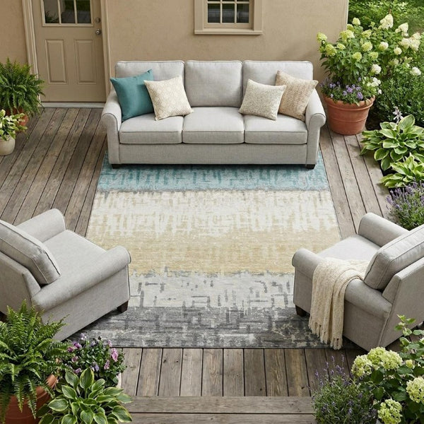 10 X 14 Teal Pewter Stripe Polyester Area Rug Washable for Patio Porch or Mudroom