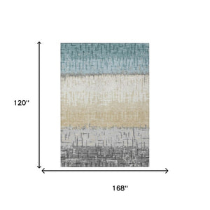 10 X 14 Teal Pewter Stripe Polyester Area Rug Washable for Patio Porch or Mudroom