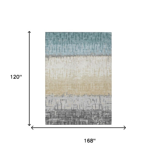 10 X 14 Teal Pewter Stripe Polyester Area Rug Washable for Patio Porch or Mudroom