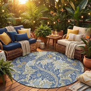 8 Ft Round Botanical Leaf Polyester Area Rug for Indoor Outdoor High Traffic Use
