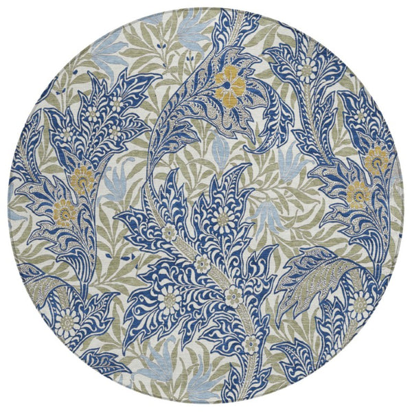 HomeRoots 8 Ft Round Botanical Leaf Polyester Area Rug for Indoor Outdoor High Traffic Use 740235