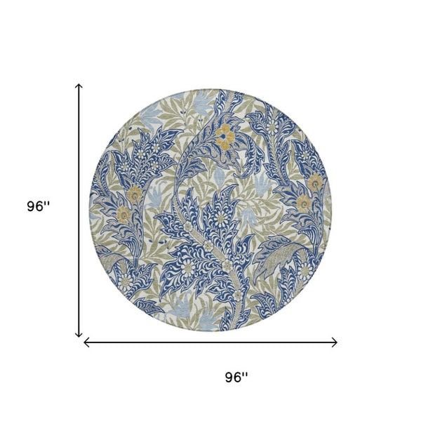 8 Ft Round Botanical Leaf Polyester Area Rug for Indoor Outdoor High Traffic Use