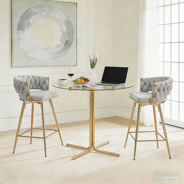English Elm 2-person Tempered Glass Bar Table Set with Swivel Upholstered Chairs for Kitchen Dining Antique Grey White,Gold,Transparent W2920S00121