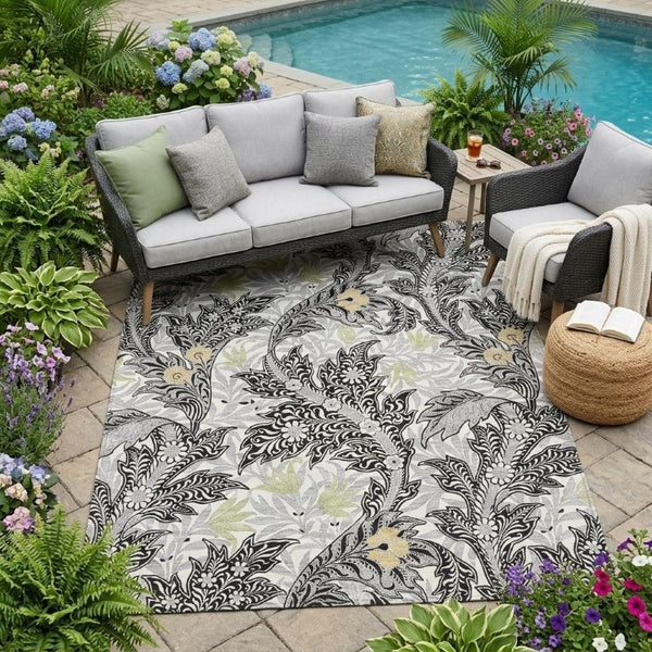 5' X 8' Black and Gray Botanical Leaves Washable Indoor Outdoor Area Rug