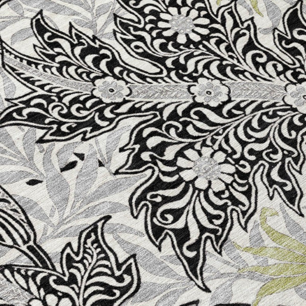 5' X 8' Black and Gray Botanical Leaves Washable Indoor Outdoor Area Rug