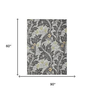 5' X 8' Black and Gray Botanical Leaves Washable Indoor Outdoor Area Rug