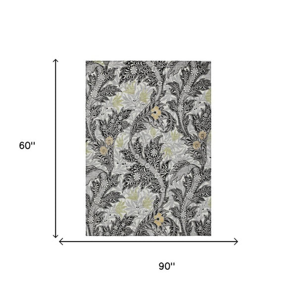 5' X 8' Black and Gray Botanical Leaves Washable Indoor Outdoor Area Rug
