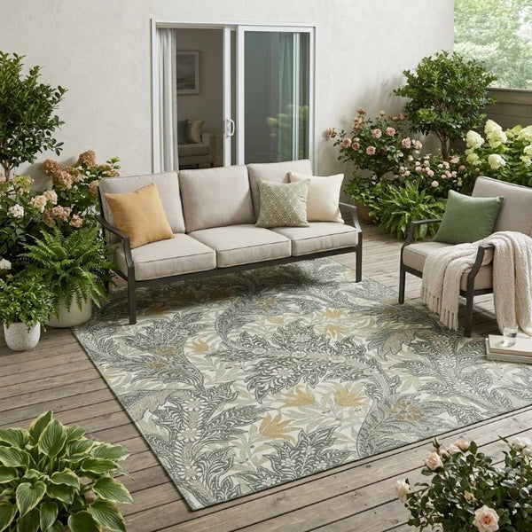 5' X 8' Green and Silver Botanical Leaves Washable Indoor Outdoor Area Rug