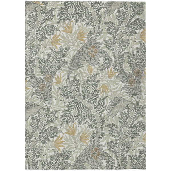HomeRoots 5' X 8' Green and Silver Botanical Leaves Washable Indoor Outdoor Area Rug 740246