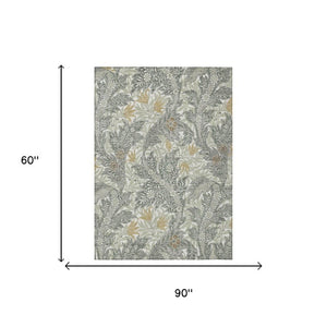 5' X 8' Green and Silver Botanical Leaves Washable Indoor Outdoor Area Rug