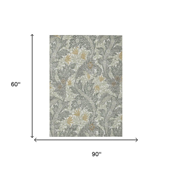 5' X 8' Green and Silver Botanical Leaves Washable Indoor Outdoor Area Rug