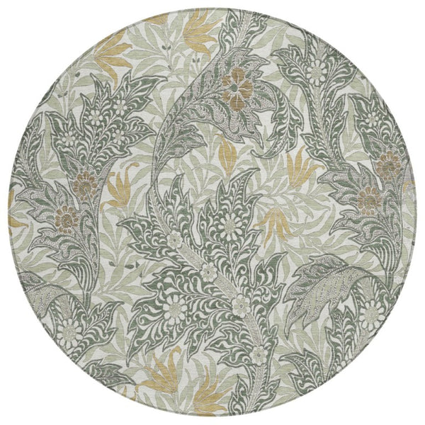 HomeRoots 8 Ft Round Botanical Leaf Polyester Area Rug Washable Indoor Outdoor Patio 740247