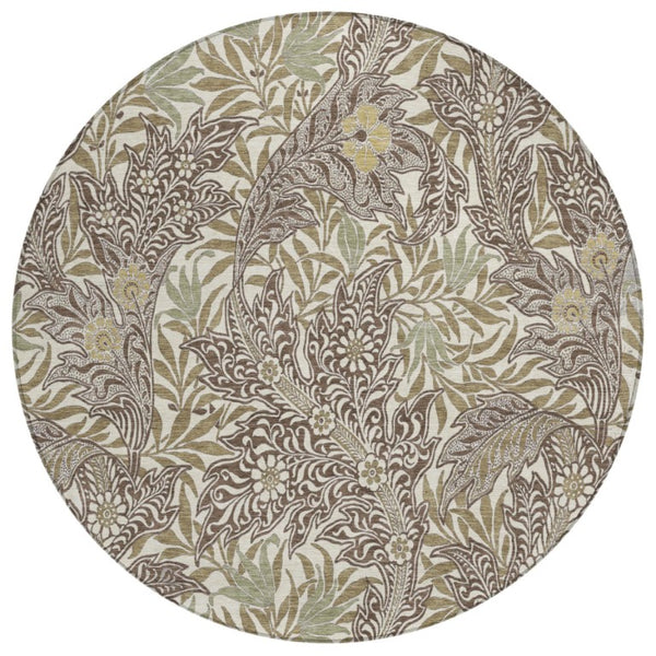 HomeRoots 8 Foot Round Botanical Leaf Polyester Area Rug Stain Resistant Indoor Outdoor Use 740253