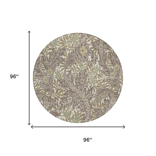 8 Foot Round Botanical Leaf Polyester Area Rug Stain Resistant Indoor Outdoor Use