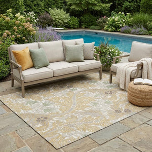 5 X 8 Gold Silver Botanical Leaf Polyester Washable Rug for Indoor Outdoor Spaces