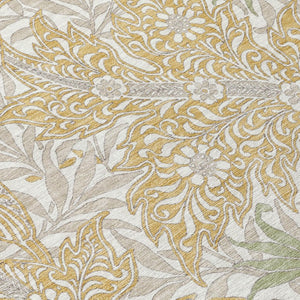 5 X 8 Gold Silver Botanical Leaf Polyester Washable Rug for Indoor Outdoor Spaces