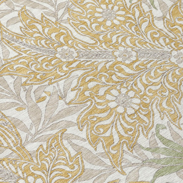5 X 8 Gold Silver Botanical Leaf Polyester Washable Rug for Indoor Outdoor Spaces