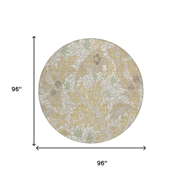 8 Foot Round Botanical Leaf Polyester Area Rug Washable for Patio Porch or Family Room