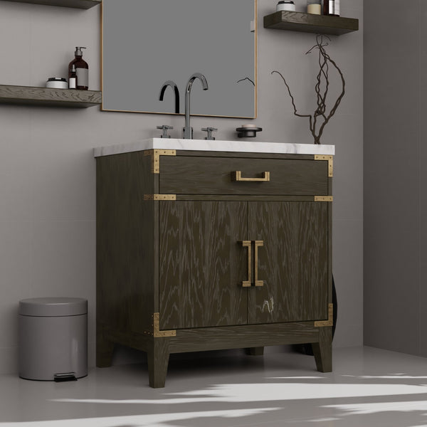 English Elm Brown Oak Single Bath Vanity – 30" W X 22" D, Contemporary Design, Soft-Close, Ample Storage Solutions B2731P259748