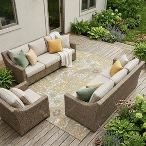 9x12 Gold Silver Botanical Leaf Polyester Area Rug Washable for Patio and Living Room