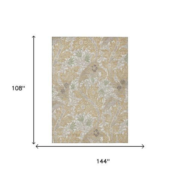 9x12 Gold Silver Botanical Leaf Polyester Area Rug Washable for Patio and Living Room