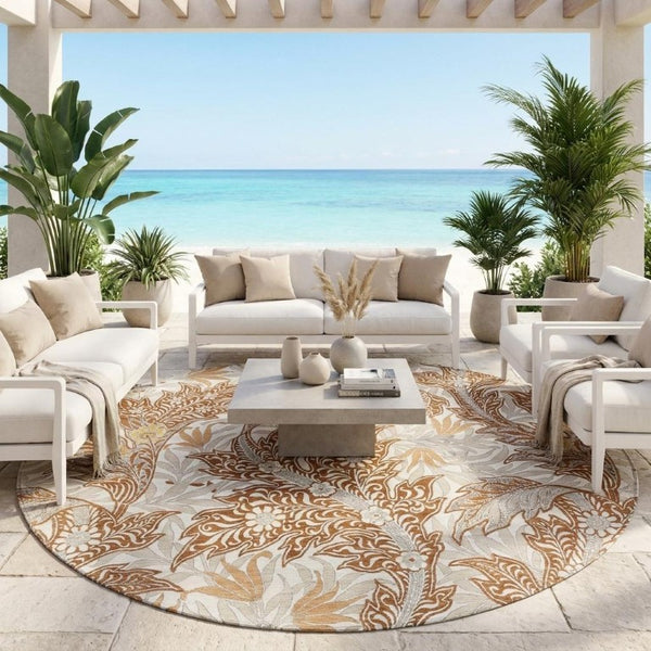 8 Foot Round Botanical Leaf Polyester Washable Rug for Patio Kitchen or Family Room
