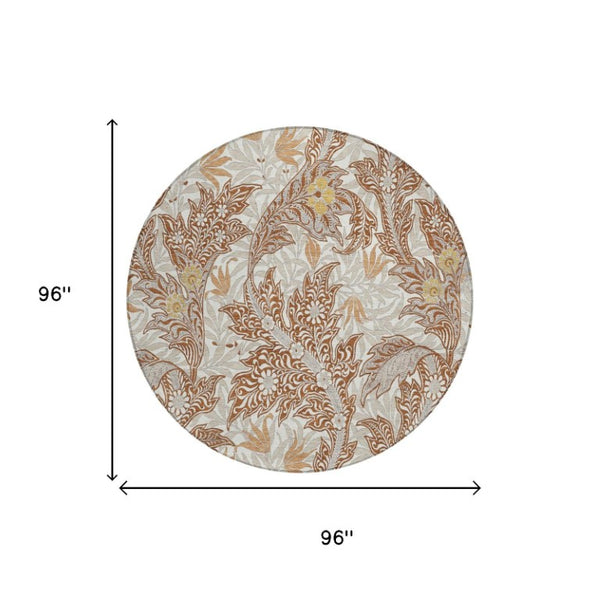 8 Foot Round Botanical Leaf Polyester Washable Rug for Patio Kitchen or Family Room