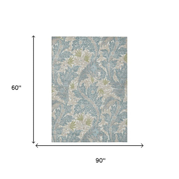 5x8 Teal Pewter Botanical Leaf Polyester Area Rug Stain Resistant for Patio or Living Room