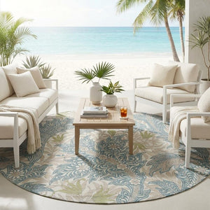 8 Ft Round Botanical Leaf Polyester Area Rug for Patio and High Traffic Spaces